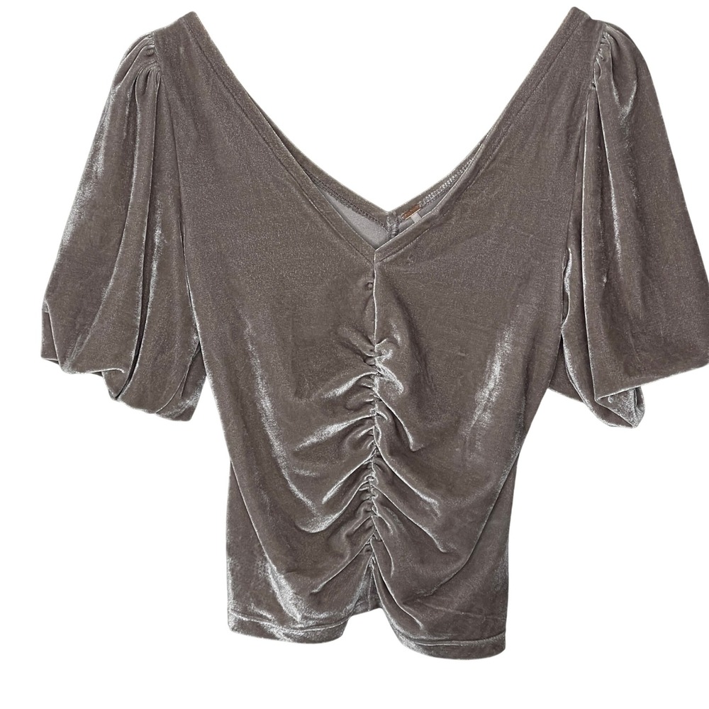 Free People Velvet Ruched V Neck Puff Sleeve Top Taupe XS